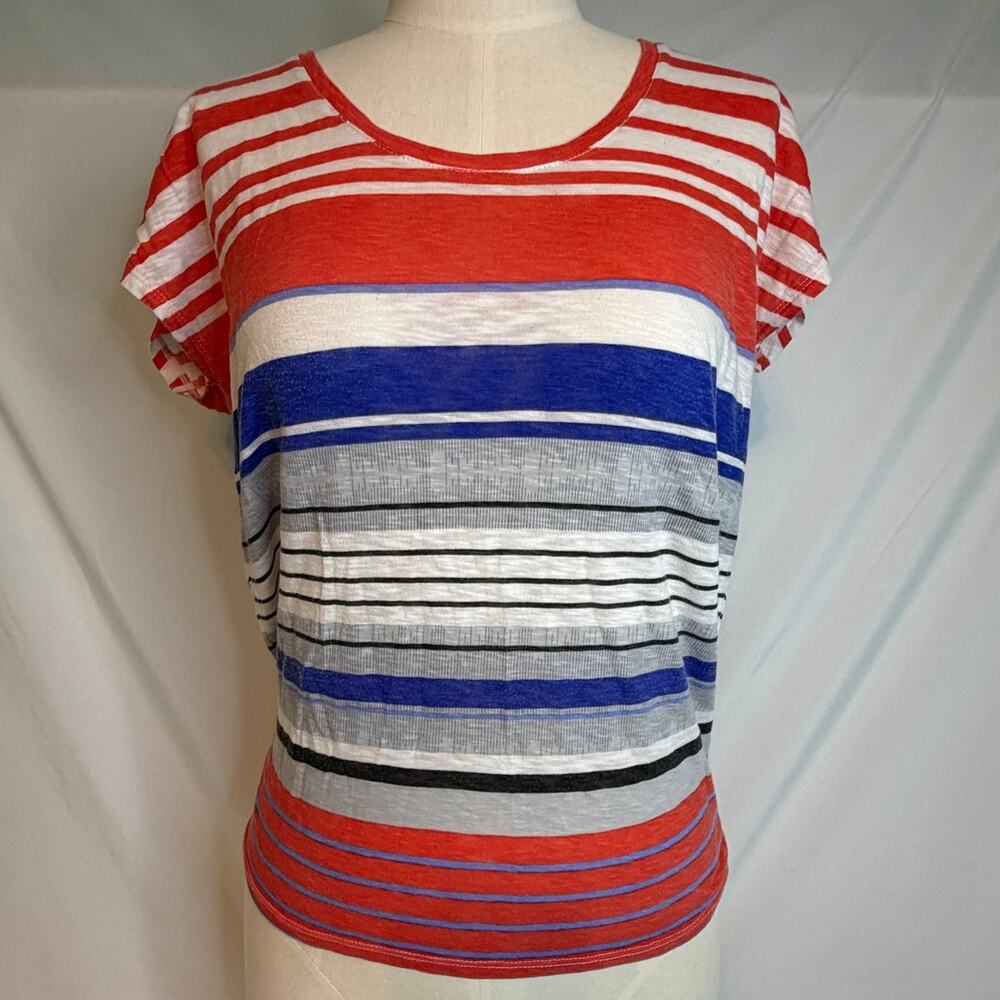 Athleta Sweet Escape Tee Striped Short Sleeve Shirt Orange White Blue Size SMALL